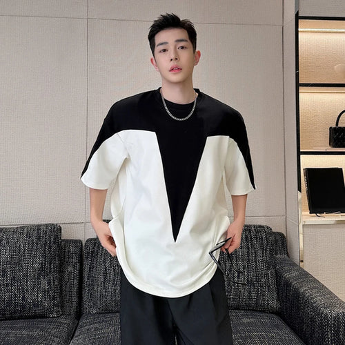 Load image into Gallery viewer, Men&#39;s T-shirt Casual Contrast Color Design Trend Short Sleeve Round Neck Loose Korean Style Fashion Pullover 9C5782
