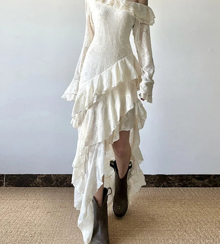 Women Apricot Ruffles Irregular Slim Elegant Long Dress New Diagonal Collar Long Sleeve Fashion Spring Autumn 2025 1DJ0523