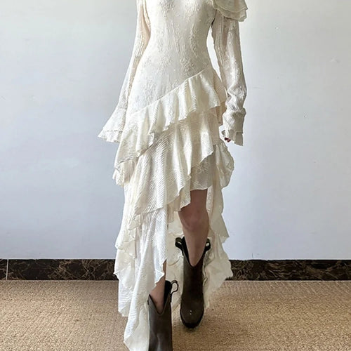 Load image into Gallery viewer, Women Apricot Ruffles Irregular Slim Elegant Long Dress New Diagonal Collar Long Sleeve Fashion Spring Autumn 2025 1DJ0523
