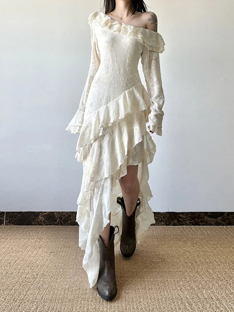 Women Apricot Ruffles Irregular Slim Elegant Long Dress New Diagonal Collar Long Sleeve Fashion Spring Autumn 2025 1DJ0523