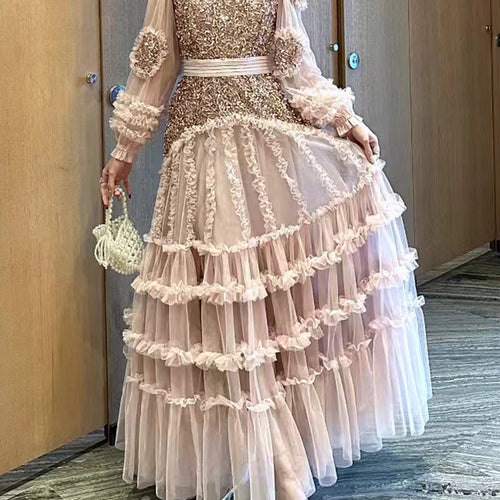 Load image into Gallery viewer, Solid Spliced Bead Luxurious Dresses for Women O Neck Long Sleeves High Waist Sheer Patchwork Fungus Dress Female
