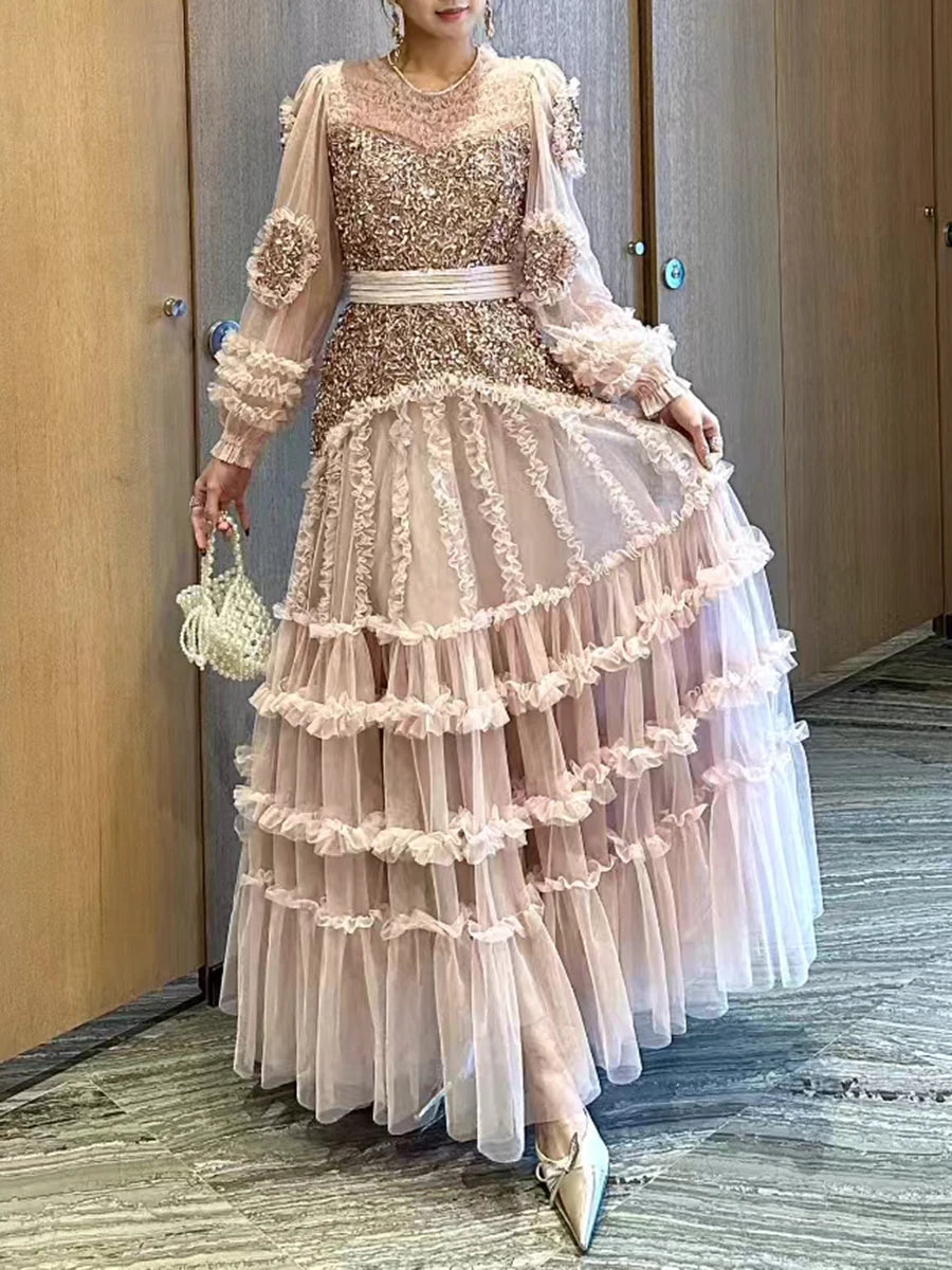 Solid Spliced Bead Luxurious Dresses for Women O Neck Long Sleeves High Waist Sheer Patchwork Fungus Dress Female