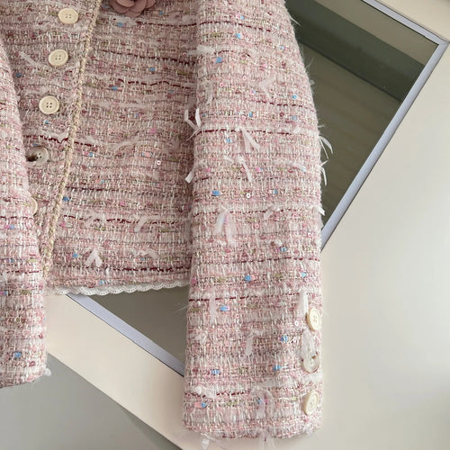 Load image into Gallery viewer, Autumn New Women's Pink Temperament Versatile Round Neck Festival Jacket French Fashion Single Breasted Long Sleeve Short Coat
