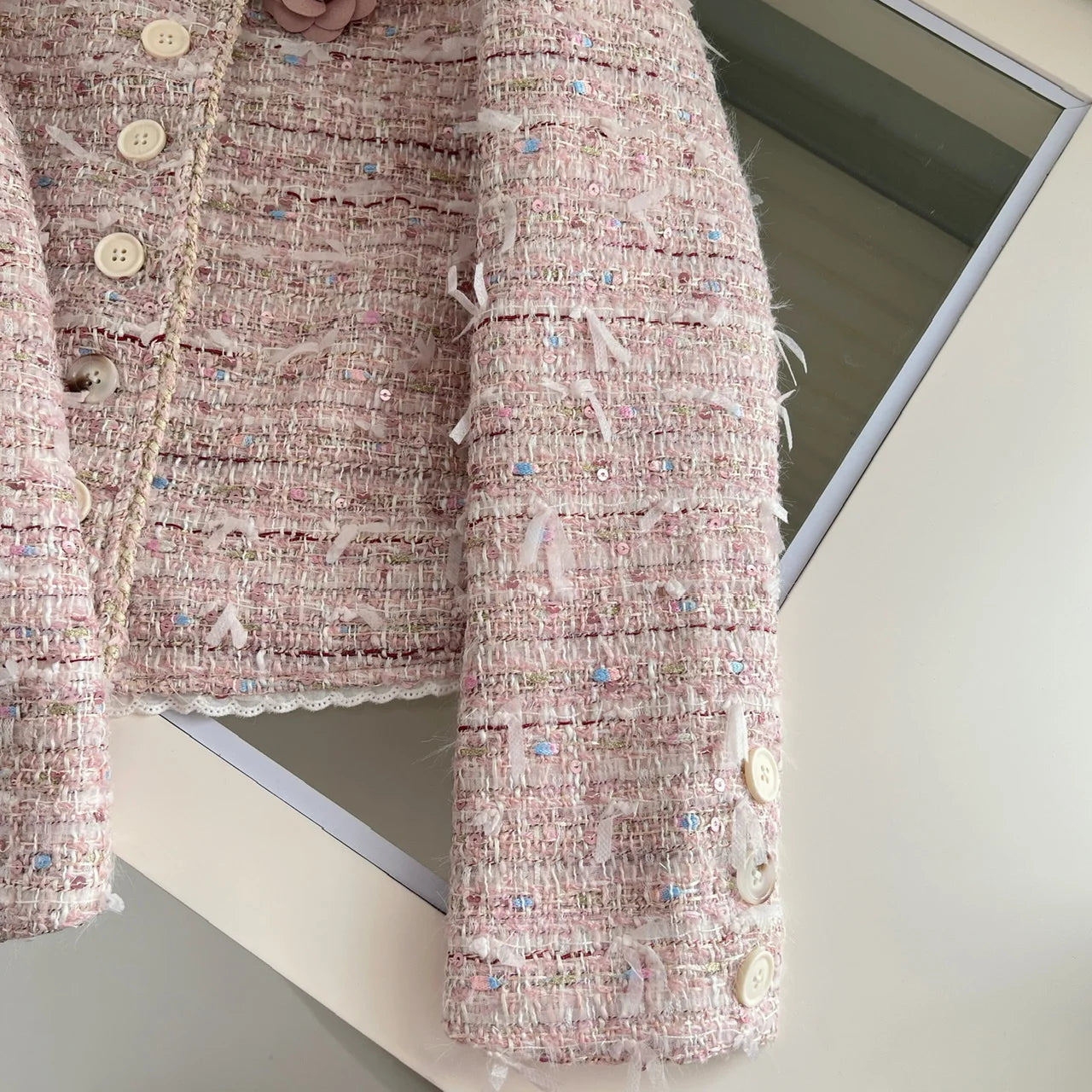 Autumn New Women's Pink Temperament Versatile Round Neck Festival Jacket French Fashion Single Breasted Long Sleeve Short Coat