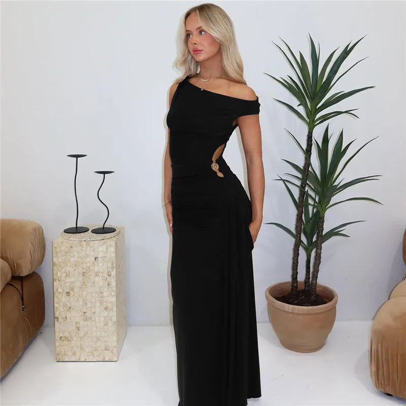 Oblique Shoulder Backless Sexy Maxi Dress For Women Fashion Off-shoulder Sleeveless High Waist Bodycon Club Long Dress