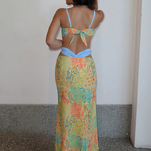Load image into Gallery viewer, Summer Beach party 2 Piece Set Women Colorful Print Bra Tops+High-Waist Hollow Maxi Skirts Matching Midnight Clubwear
