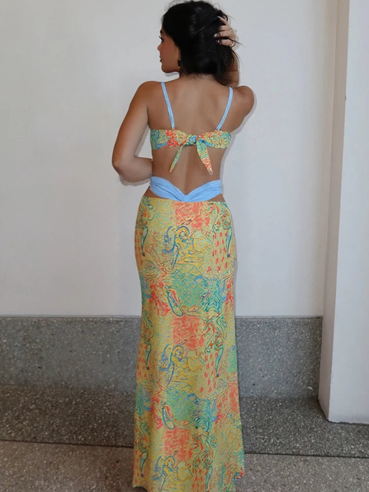 Summer Beach party 2 Piece Set Women Colorful Print Bra Tops+High-Waist Hollow Maxi Skirts Matching Midnight Clubwear