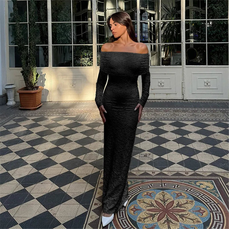 Lace Off-shoulder Sexy Maxi Dress For Women White Strapless Long Sleeve Backless Bodycon Club Party Sexy Long Dress
