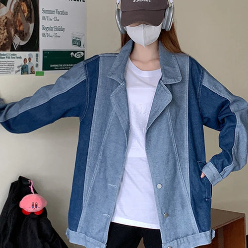 Load image into Gallery viewer, Suit Collar Denim Coat Women Autumn Winter Korean New Fashion Loose Casual Spell Color Blue Denim Jacket Female S-XL
