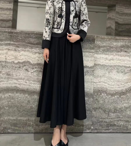 Hit Color Elegant Two Piece Set For Women O Neck Long Sleeve Coat High Waist Temperament Skirt Sets Female Fashion