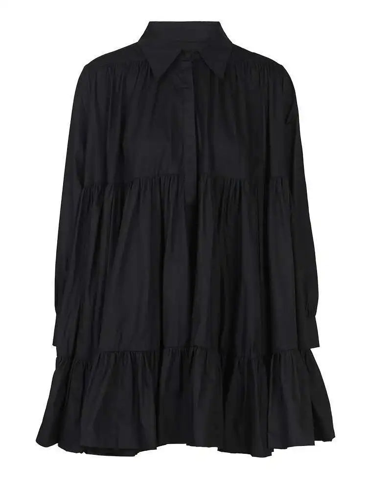Women Black Pleated Elegant Mini Shirt Dress New Lapel Long Sleeve Loose Fit Fashion Tide Spring Autumn 2025 1DE365901