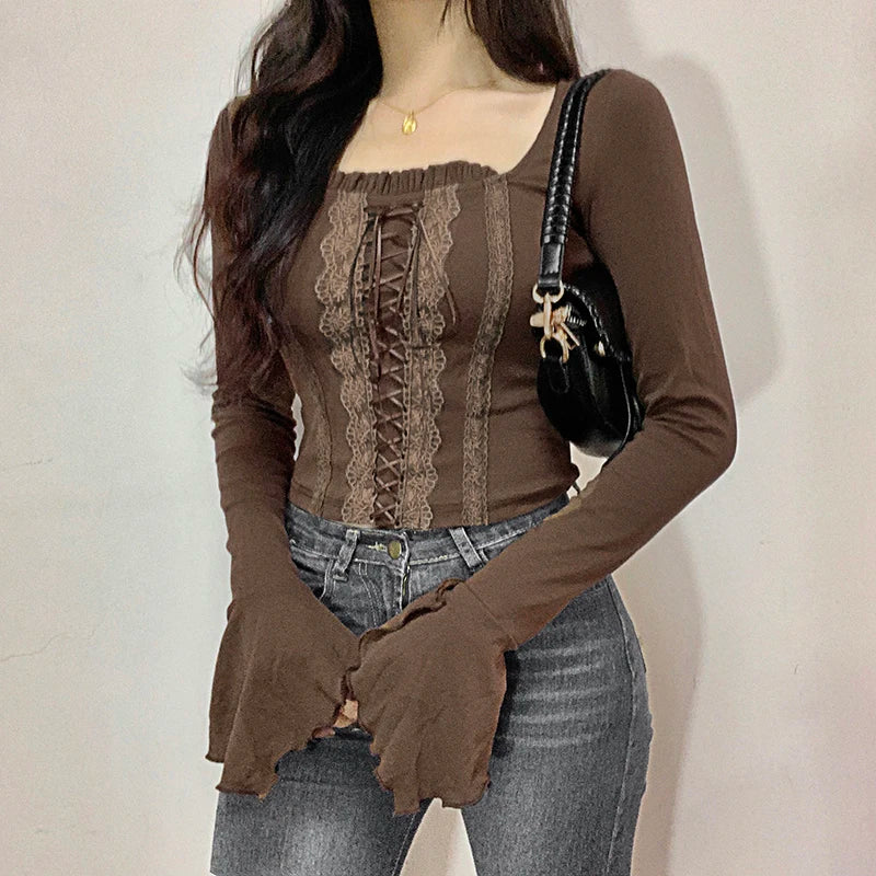 Vintage Korean Autumn Flare Sleeve Tee Shirts Lace Patched Skinny Crop Top Female T shirt Fold Tie Up Chic 90s Shirts