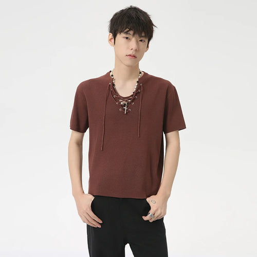 Load image into Gallery viewer, Niche Style Male T-shirts Knitting Drawstring Design Casual V-neck Short Sleeve Loose Men&#39;s Tops Summer 9C6260
