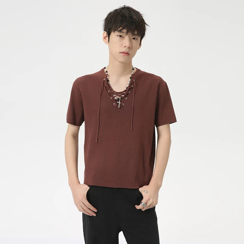 Niche Style Male T-shirts Knitting Drawstring Design Casual V-neck Short Sleeve Loose Men's Tops Summer 9C6260