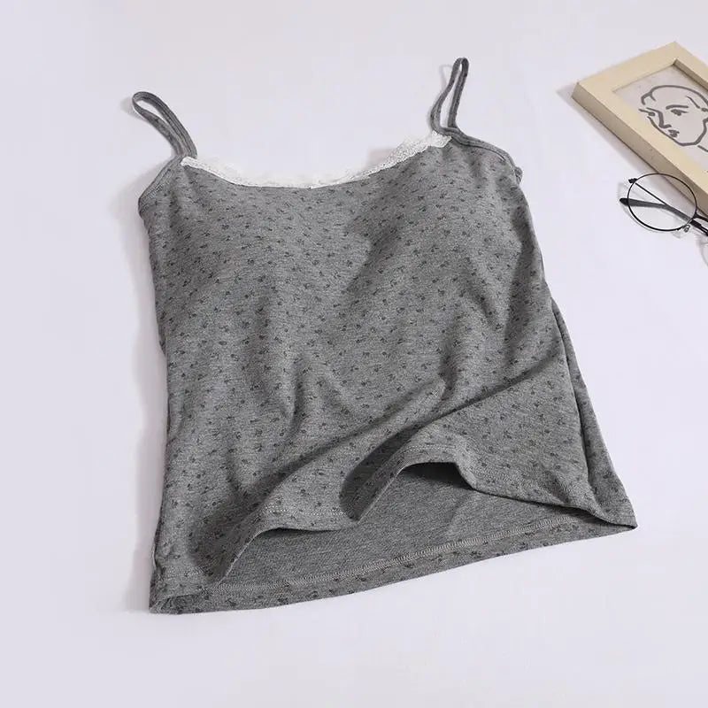 Summer Fashion Women Flower Print Lace Spaghetti Strap Vest Chic Solid Sleeveless Slim Ladies Casual Short Tops Streetwear