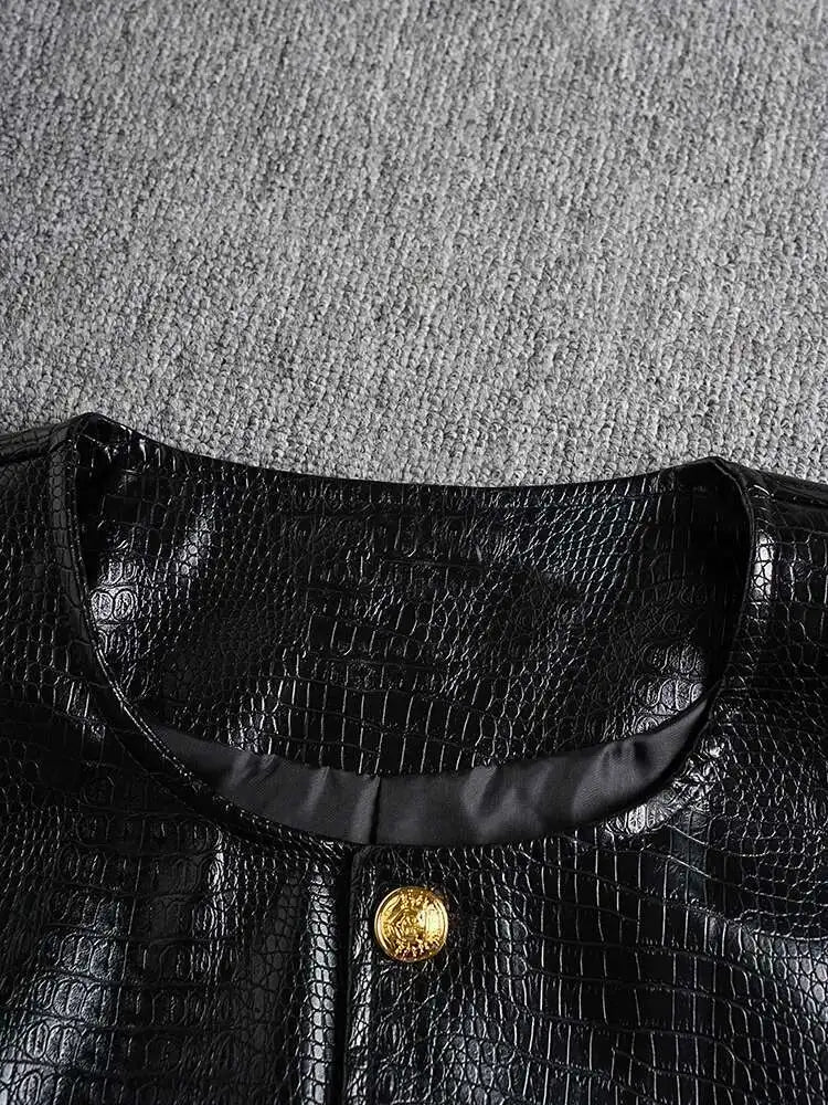 PU Leather Black Brief Big Size Elegant Jacket New O-neck Long Sleeve Women Coat Fashion Tide Spring Autumn 2025 CPG2506