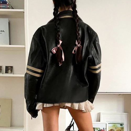 Load image into Gallery viewer, Streetwear Loose Stripe Stitched Leather Jacket Female Autumn Winter Zip Up Coat Vintage Motorcycle Jackets Outwear
