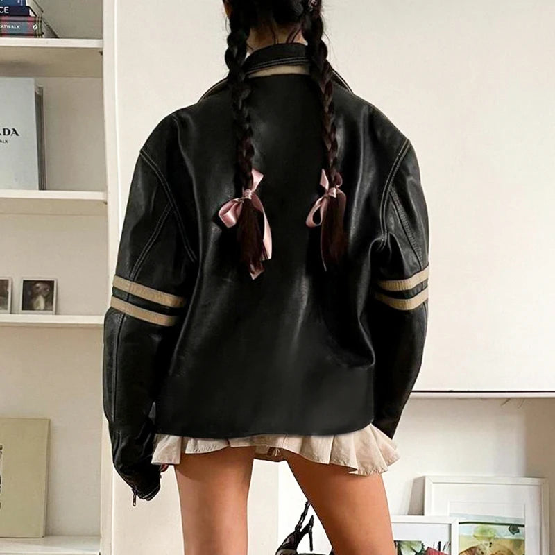 Streetwear Loose Stripe Stitched Leather Jacket Female Autumn Winter Zip Up Coat Vintage Motorcycle Jackets Outwear