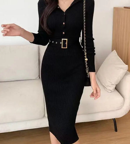 French Women Solid Single Breasted Long Sleeved Midi Dresses Autumn Winter New Temperament Slim Knitted A-line Dress Round Neck