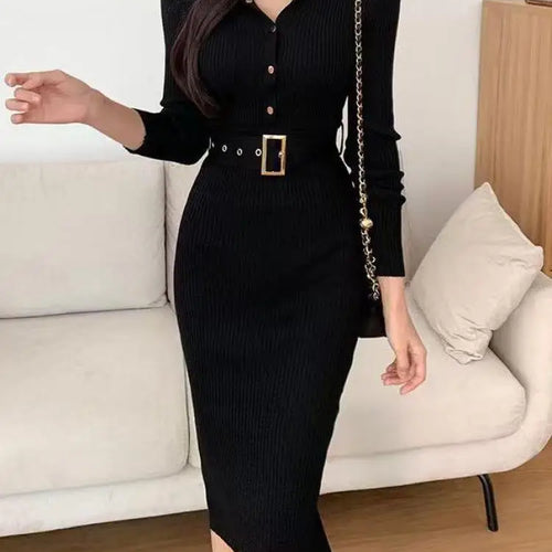 Load image into Gallery viewer, French Women Solid Single Breasted Long Sleeved Midi Dresses Autumn Winter New Temperament Slim Knitted A-line Dress Round Neck
