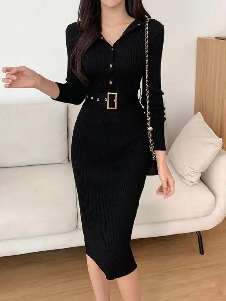 French Women Solid Single Breasted Long Sleeved Midi Dresses Autumn Winter New Temperament Slim Knitted A-line Dress Round Neck