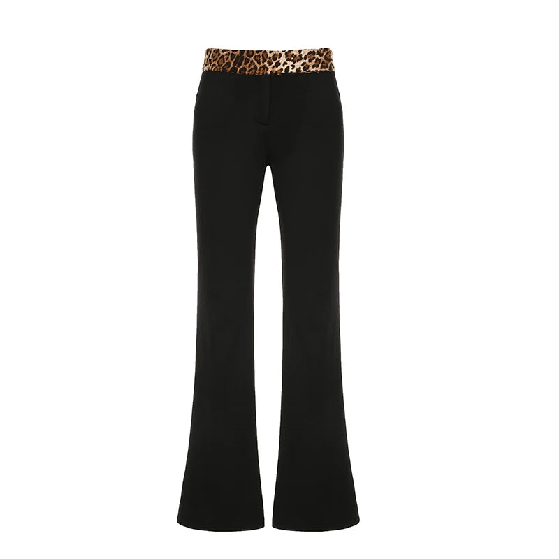 Fashion Leopard Patched Skinny Low Rise Flare Pants Vintage Elegant Clubwear Party Full Length Trousers Boot Cut 2024