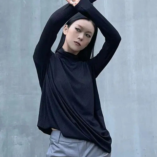 Load image into Gallery viewer, Women Black Irregular Casual T-shirt New Turtleneck Long Sleeve Loose Fit Tees Fashion Tide Spring Autumn 2025 1DH2678
