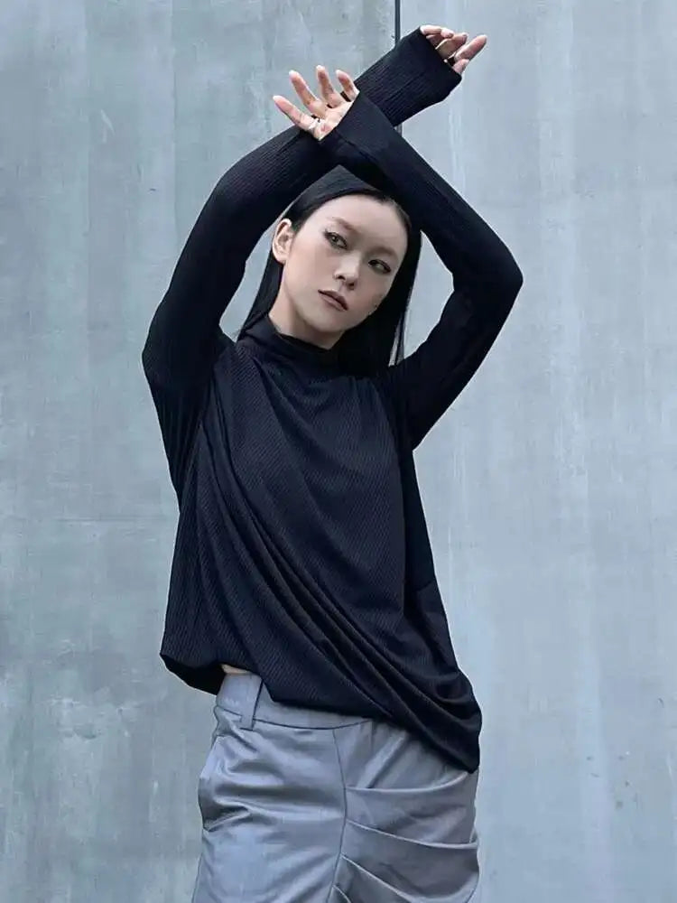 Women Black Irregular Casual T-shirt New Turtleneck Long Sleeve Loose Fit Tees Fashion Tide Spring Autumn 2025 1DH2678