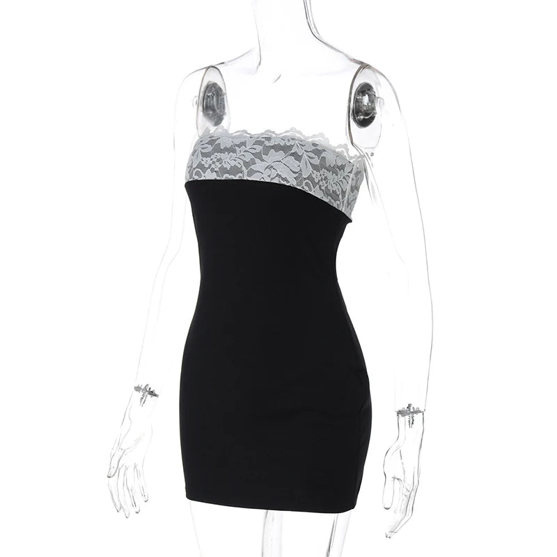 Lace Strapless Sexy Mini Dress For Women Robe Patchwork Off-shoulder Sleeveless Backless High Waist Bodycon Club Dress