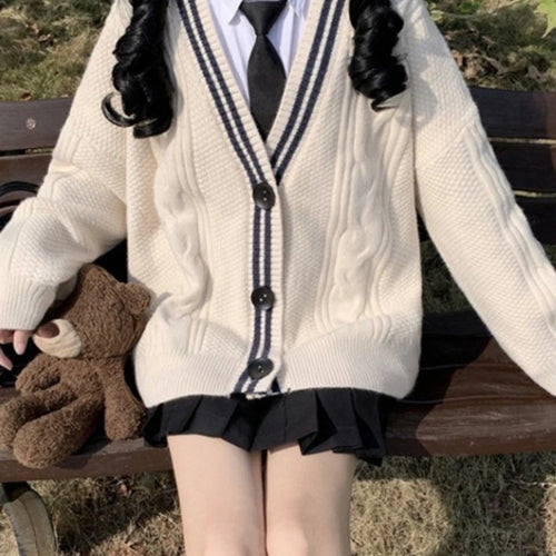 Load image into Gallery viewer, Japanese Preppy Style Cardigans Women Patchwork Fairy Single Breasted Sweaters Loose Contrast Color Knitted Coats Y2k Aesthetic
