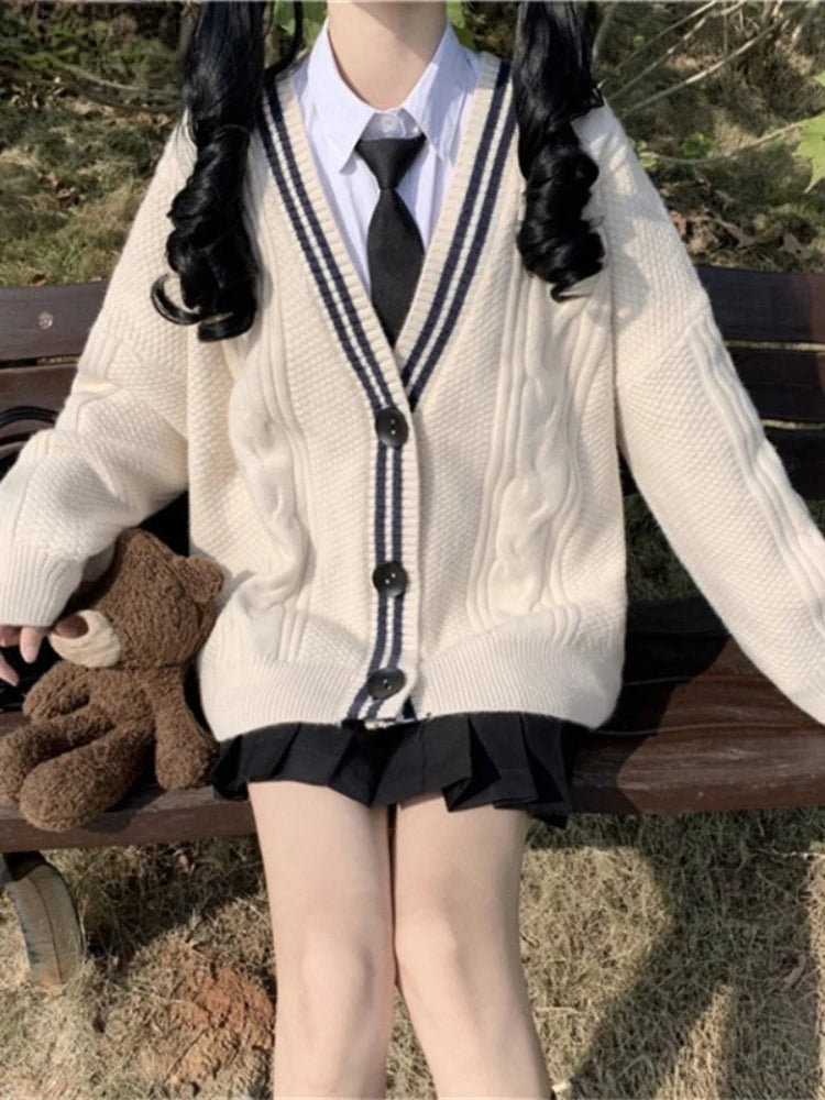 Japanese Preppy Style Cardigans Women Patchwork Fairy Single Breasted Sweaters Loose Contrast Color Knitted Coats Y2k Aesthetic