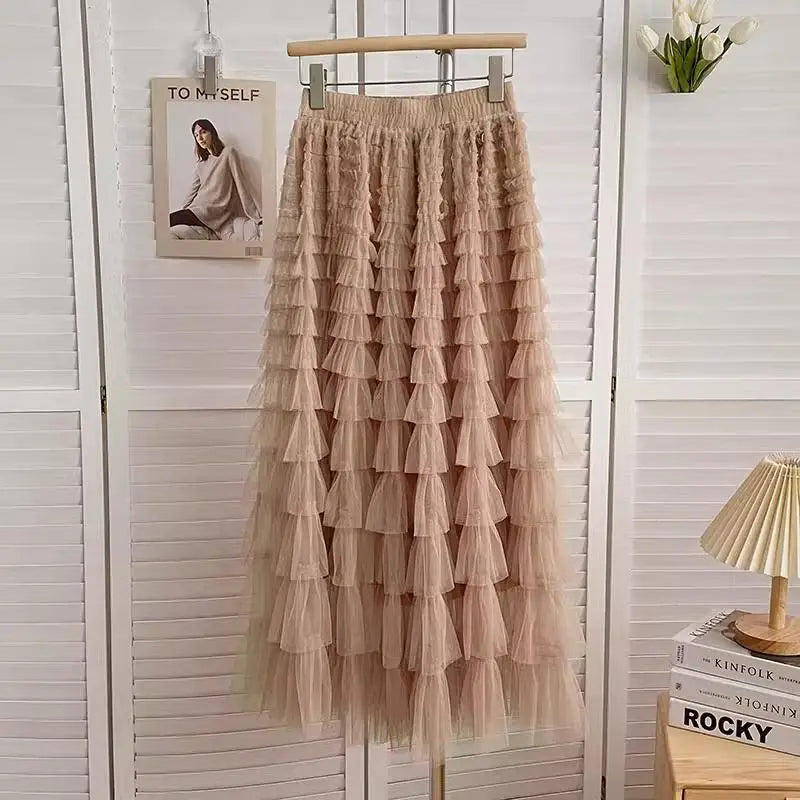 Women Vintage Fashion 2025 New Solid Mesh High Waist Vacation Long Skirt Spring Summer Elegant Party Cake Skirt Streetwear trend