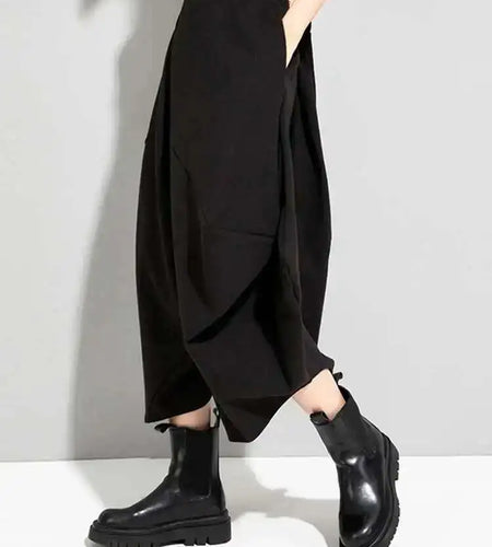High Elastic Waist Black Irregular Big Size Long Trousers New Loose Fit Pants Women Fashion Spring Autumn 2025 1DE4266