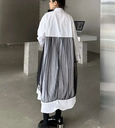 Women White Mesh Ribbons Pocket Big Size Midi Shirt Dress New Lapel Long Sleeve Fashion Tide Spring Autumn 2025 1DH8647