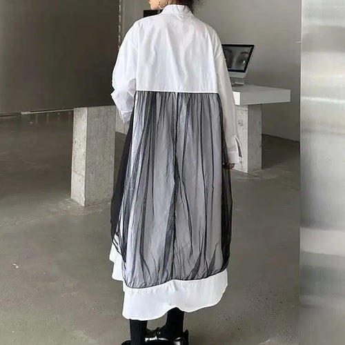Load image into Gallery viewer, Women White Mesh Ribbons Pocket Big Size Midi Shirt Dress New Lapel Long Sleeve Fashion Tide Spring Autumn 2025 1DH8647
