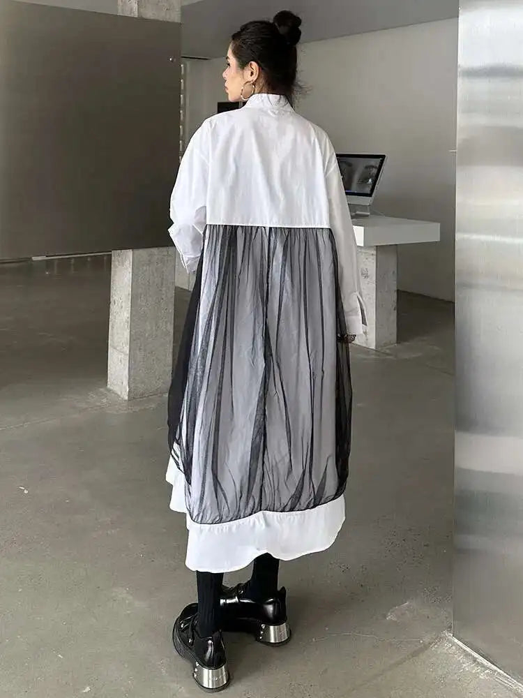 Women White Mesh Ribbons Pocket Big Size Midi Shirt Dress New Lapel Long Sleeve Fashion Tide Spring Autumn 2025 1DH8647