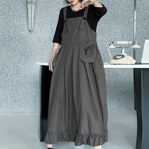 Load image into Gallery viewer, Women Black Ruffles Pocket Big Size Midi Strap Dress New Square Collar Sleeveless Fashion Tide Spring Autumn 2025 1DJ1158
