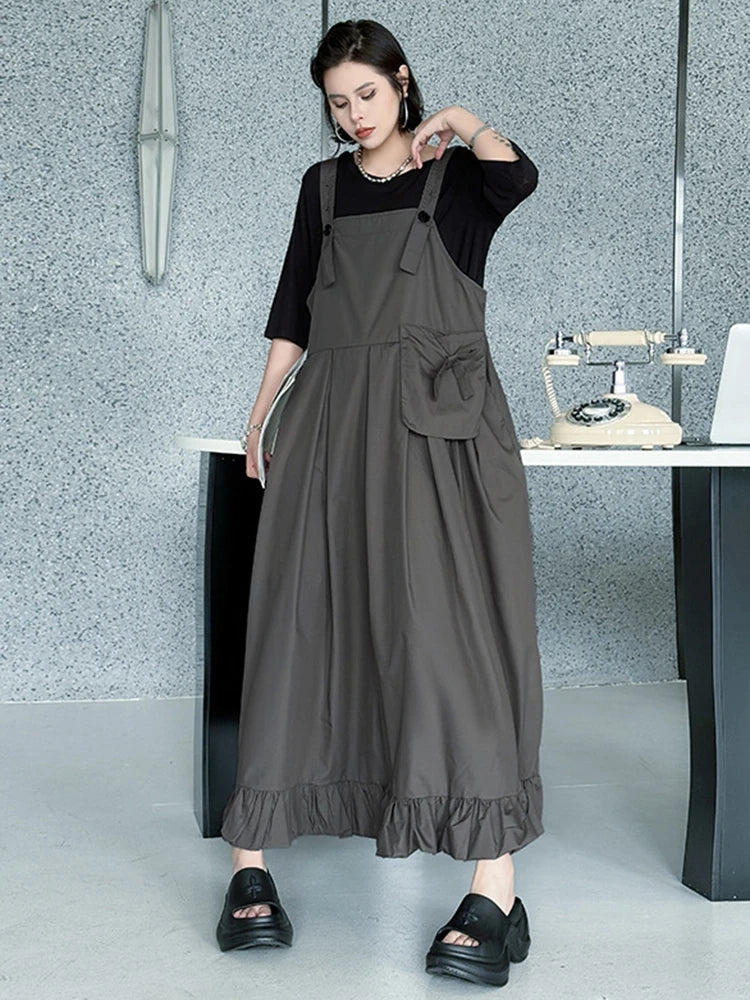 Women Black Ruffles Pocket Big Size Midi Strap Dress New Square Collar Sleeveless Fashion Tide Spring Autumn 2025 1DJ1158