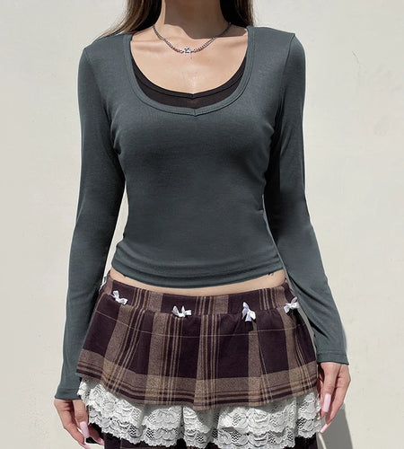 y2k Tops Women Goth Grunge Clothes Slim Fit V Neck Patchwork Long Sleeve Cropped T Shirts 2000s Clothing Streetwear