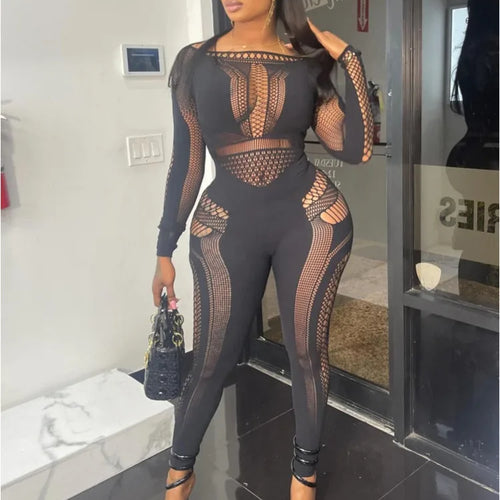 Load image into Gallery viewer, Sexy Knitted Hollow Out One Piece Pajama Tight Seductive Jumpsuit Women Elastic Slim Pencil Pants Party Night Clubwear
