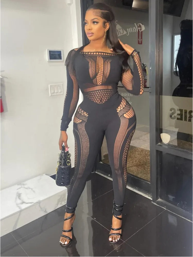 Sexy Knitted Hollow Out One Piece Pajama Tight Seductive Jumpsuit Women Elastic Slim Pencil Pants Party Night Clubwear