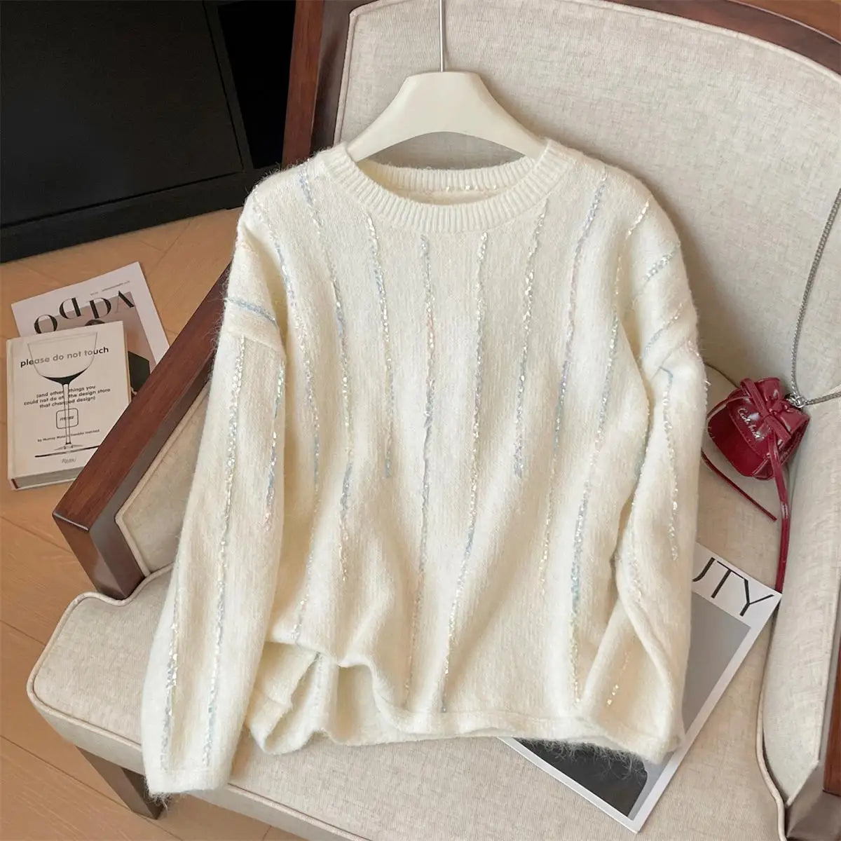 Korean Autumn Winter Beige Long Sleeves Loose Knit Crochet Sweater Women's Blue Round Neck Versatile Short Pullover Tops Popular