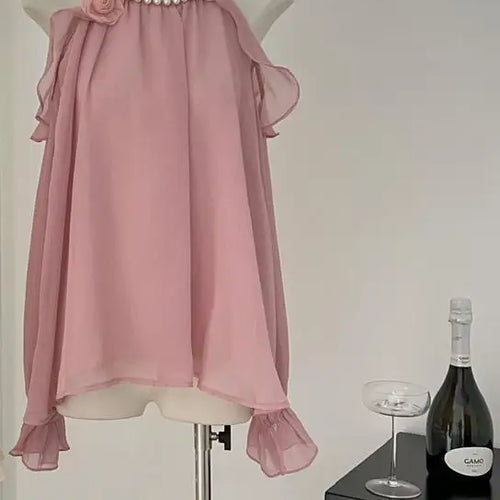 Load image into Gallery viewer, French Vintage Ladies Pink Pearl Round Neck Halter Short Tops Spring Autumn Beige Elegant Long Sleeve Off Shoulder Shirt Popular
