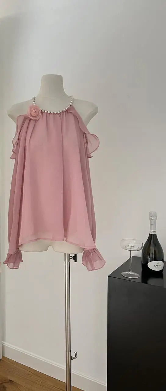 French Vintage Ladies Pink Pearl Round Neck Halter Short Tops Spring Autumn Beige Elegant Long Sleeve Off Shoulder Shirt Popular