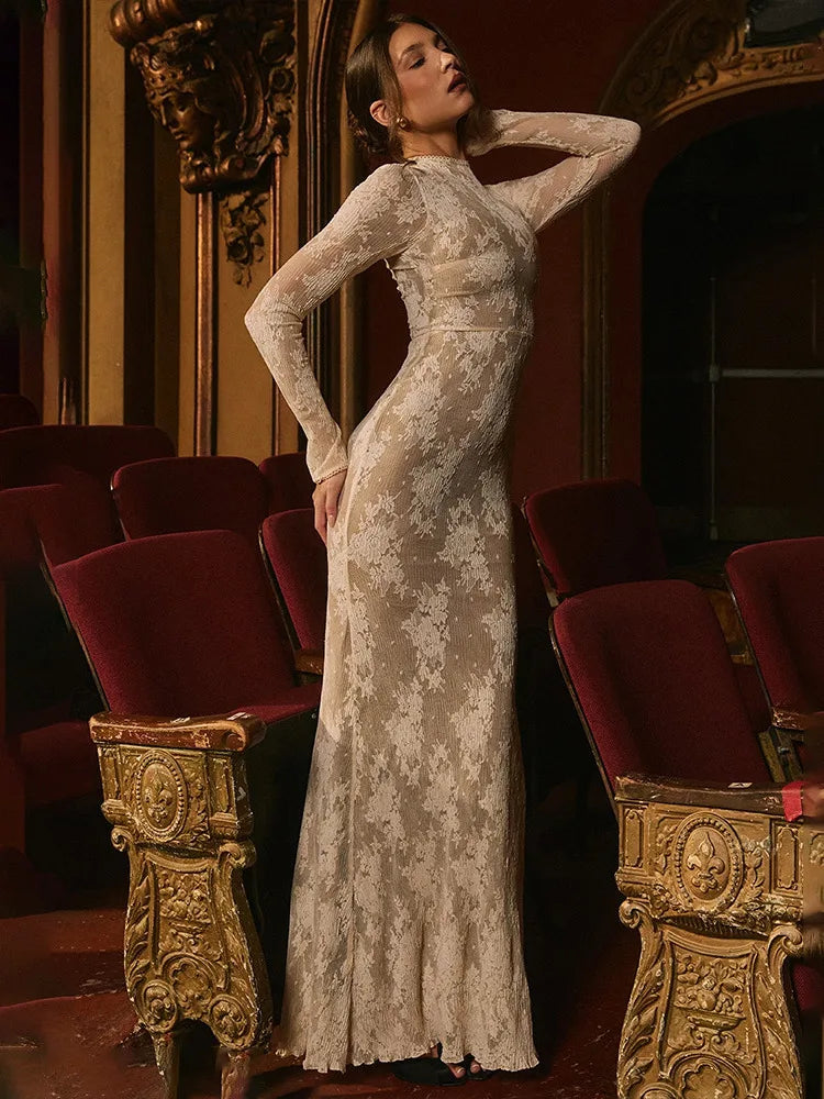 Elegant Lace New Long Sleeve Round Neck Dress Women Sexy Bodycon Tight Vestidos Autumn/Winter Party Club Evening Dress