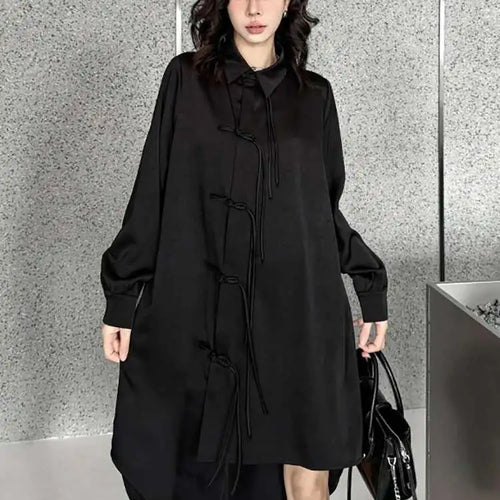 Load image into Gallery viewer, Women Black Irregular Hem Buckle Tassels Elegant Shirt Dress New Lapel Long Sleeve Fashion Tide Spring Autumn 2025 1DH4457

