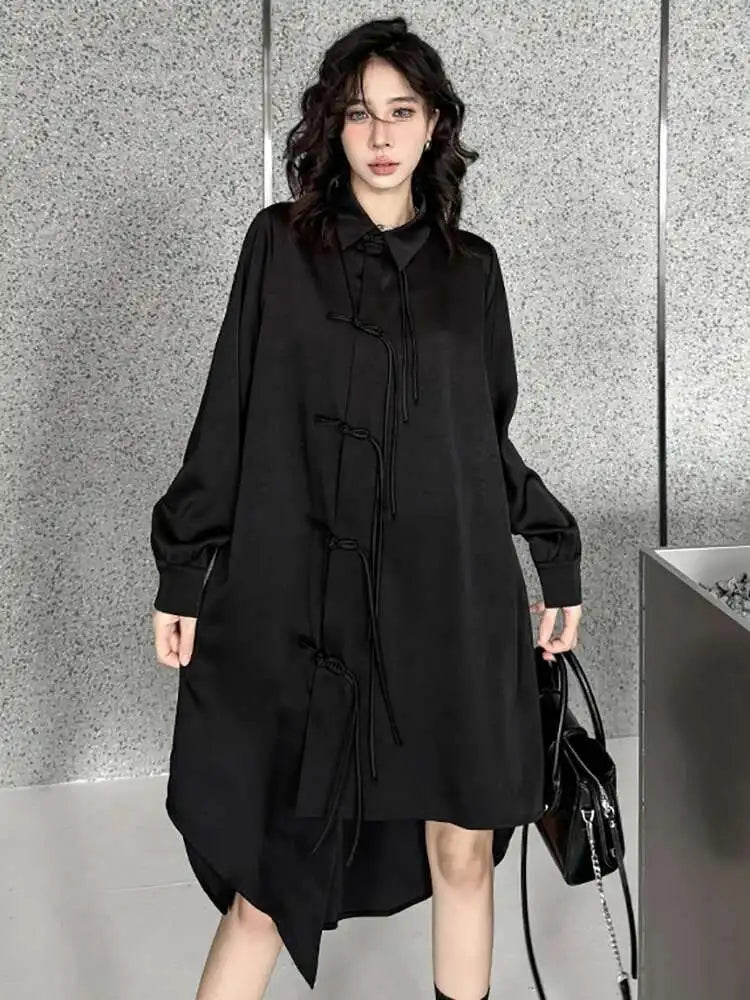 Women Black Irregular Hem Buckle Tassels Elegant Shirt Dress New Lapel Long Sleeve Fashion Tide Spring Autumn 2025 1DH4457