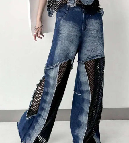 High Waist Blue Hollow Out Mesh Denim Wide Leg Jeans New Women Trousers Loose Fashion Tide Spring Autumn 2025 1DH4343