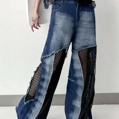 Load image into Gallery viewer, High Waist Blue Hollow Out Mesh Denim Wide Leg Jeans New Women Trousers Loose Fashion Tide Spring Autumn 2025 1DH4343
