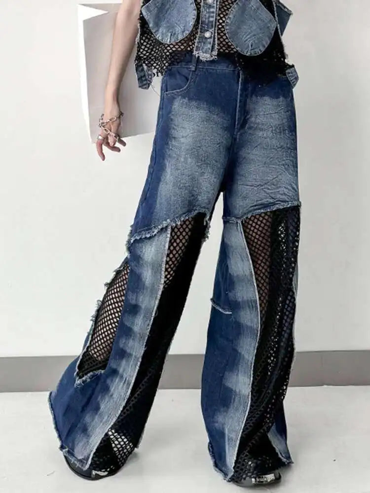 High Waist Blue Hollow Out Mesh Denim Wide Leg Jeans New Women Trousers Loose Fashion Tide Spring Autumn 2025 1DH4343